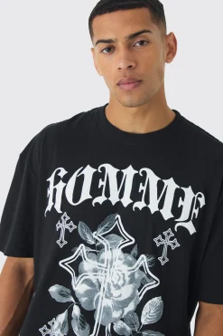 Oversized Boxy Homme Cross Print T-Shirt | BoohooMAN UK