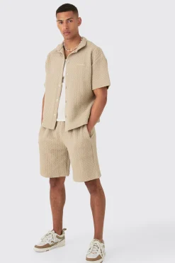 Oversized Boxy Homme Embroided Textured Polo And Short Set | BoohooMAN UK