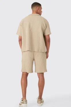 Oversized Boxy Homme Embroided Textured Polo And Short Set | BoohooMAN UK
