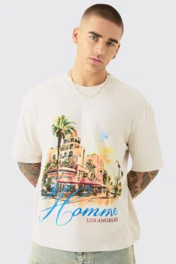 Oversized Boxy Homme Landscape Print Wash T-shirt | BoohooMAN UK