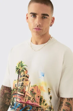 Oversized Boxy Homme Landscape Print Wash T-shirt | BoohooMAN UK