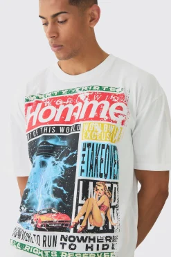 Oversized Boxy Homme Magazine Graphic T-Shirt | BoohooMAN UK