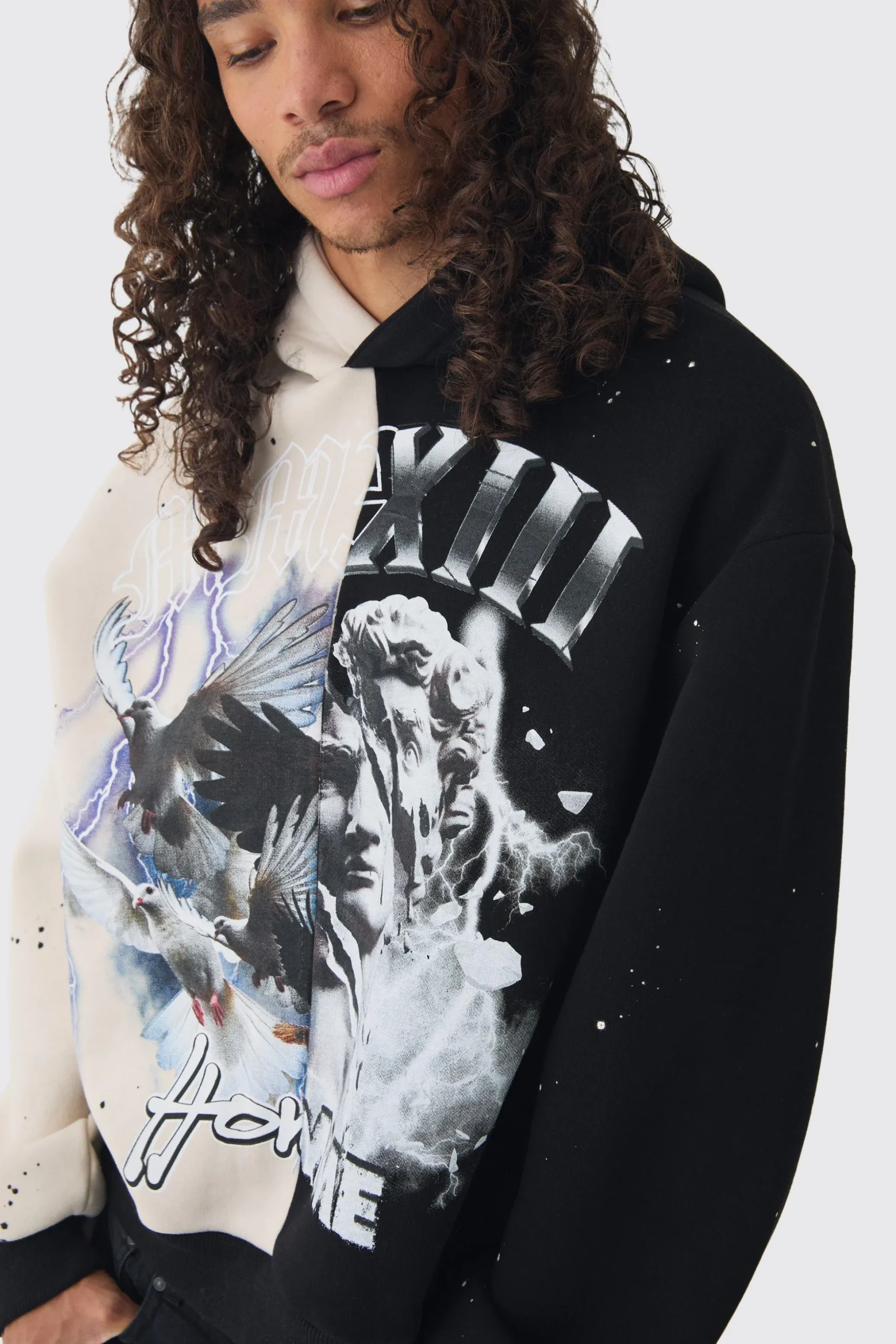 Oversized Boxy Homme Renaissance Spliced Print Hoodie | BoohooMAN UK