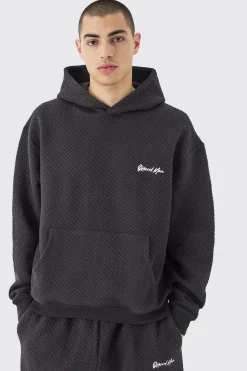 Oversized Boxy Jacquard Quilted Embroided Hoodie | BoohooMAN UK