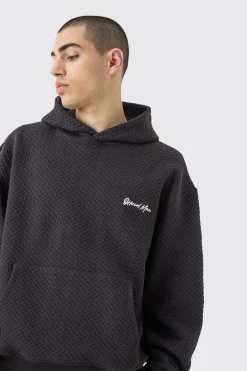 Oversized Boxy Jacquard Quilted Embroided Hoodie | BoohooMAN UK