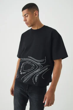 Oversized Boxy Jersey Twill Abstract Embroidery T-shirt | BoohooMAN UK