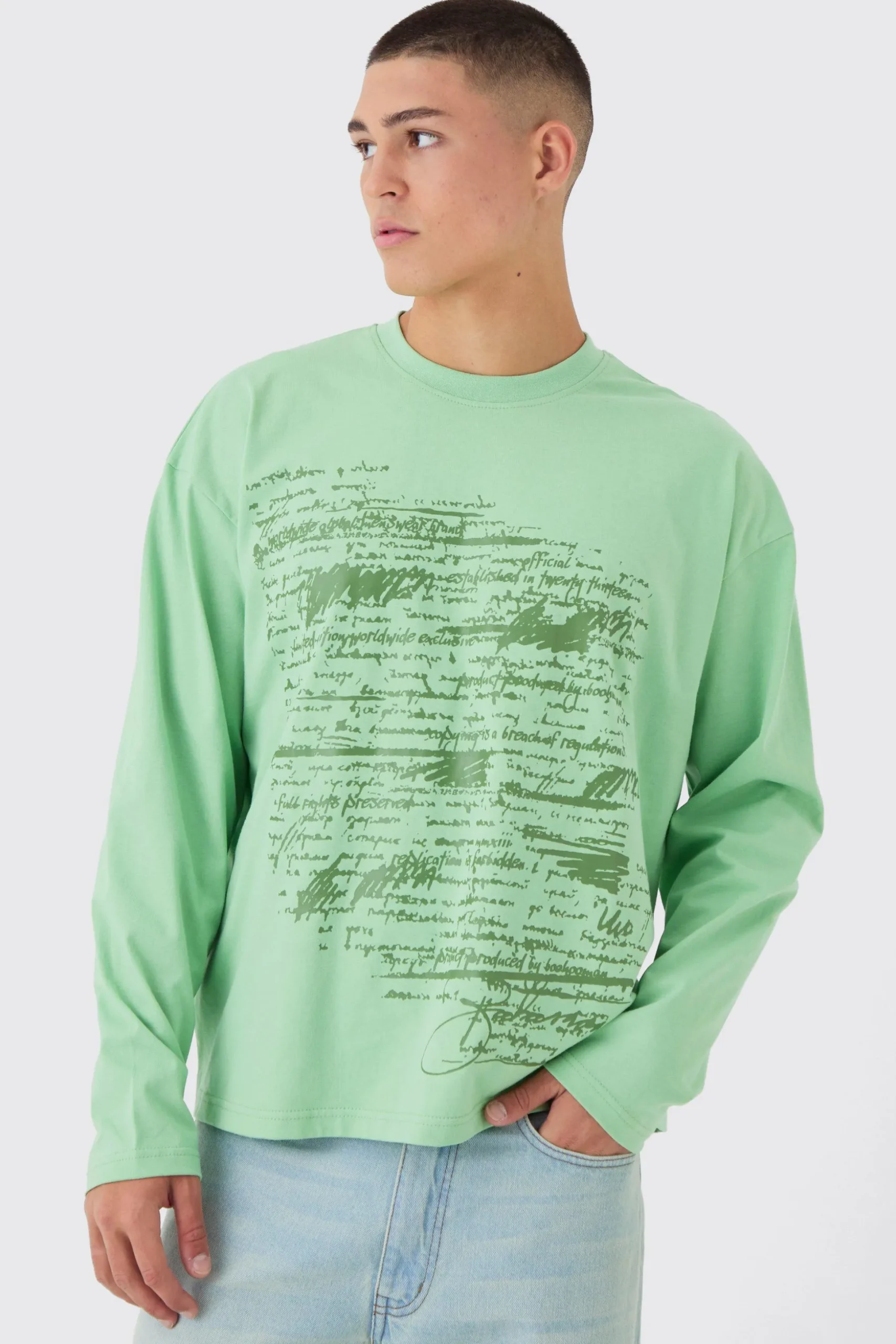 Oversized Boxy Large Scale Print Long Sleeve T-Shirt | BoohooMAN UK
