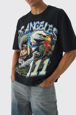 Oversized Boxy Large Scale Eagle Varsity Print T-Shirt | BoohooMAN UK