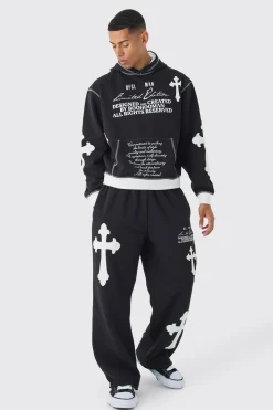 Oversized Boxy Limited Edition Cross Applique Hoodie And Jogger Tracksuit | BoohooMAN UK