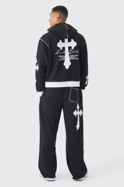 Oversized Boxy Limited Edition Cross Applique Hoodie And Jogger Tracksuit | BoohooMAN UK