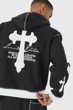 Oversized Boxy Limited Edition Cross Applique Hoodie And Jogger Tracksuit | BoohooMAN UK