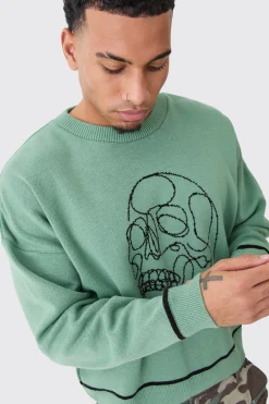 Oversized Boxy Line Drawing Contrast Stitch Jumper | BoohooMAN UK