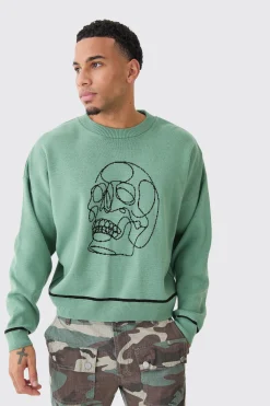 Oversized Boxy Line Drawing Contrast Stitch Jumper | BoohooMAN UK