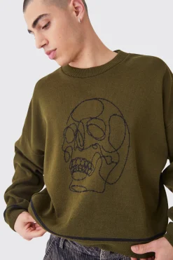 Oversized Boxy Line Drawing Contrast Stitch Jumper | BoohooMAN UK