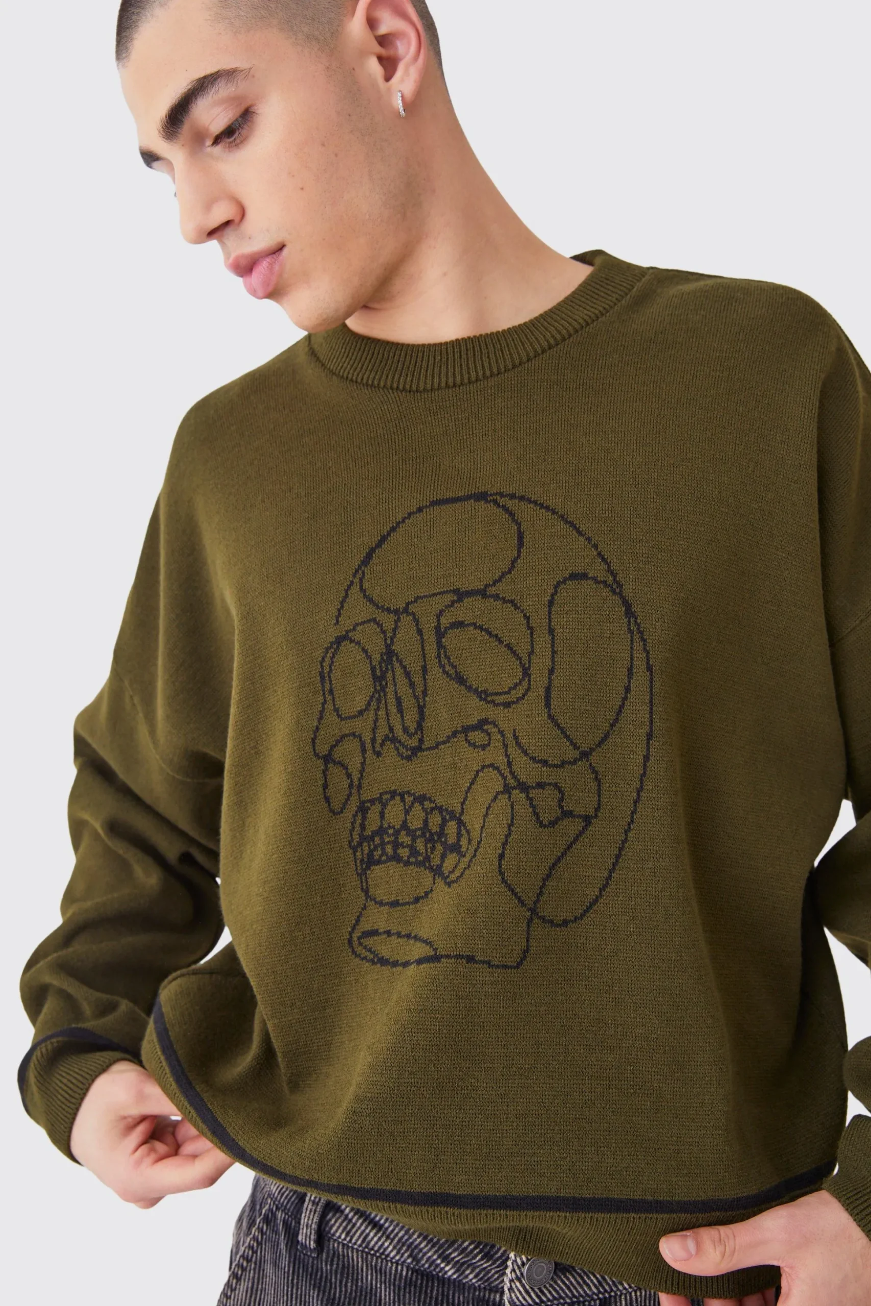 Oversized Boxy Line Drawing Contrast Stitch Jumper | BoohooMAN UK