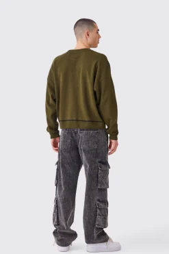 Oversized Boxy Line Drawing Contrast Stitch Jumper | BoohooMAN UK