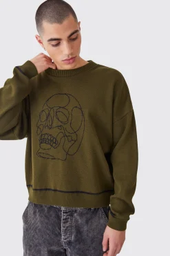 Oversized Boxy Line Drawing Contrast Stitch Jumper | BoohooMAN UK
