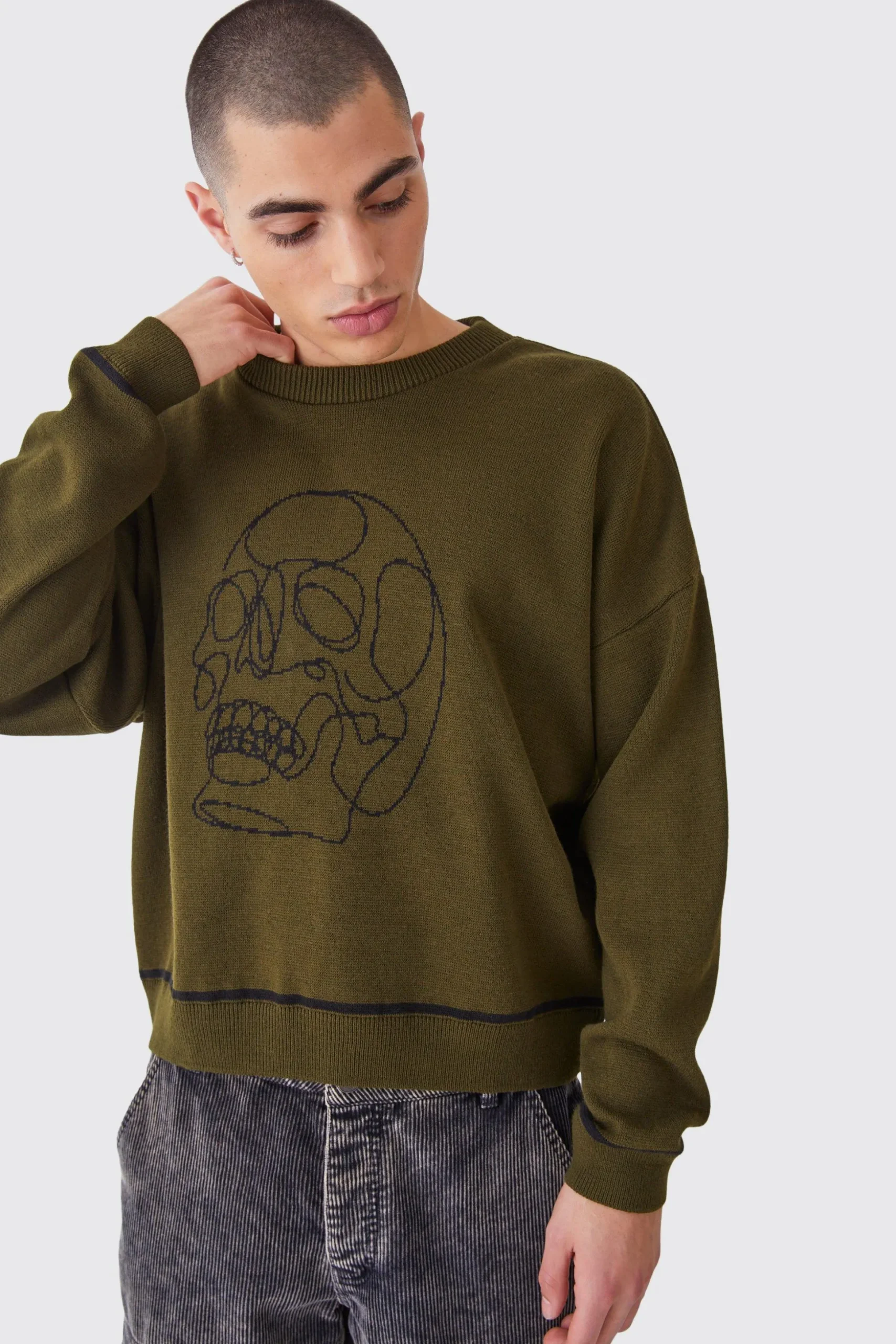 Oversized Boxy Line Drawing Contrast Stitch Jumper | BoohooMAN UK