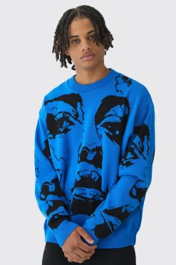 Oversized Boxy Line Face Knitted Jumper | BoohooMAN UK