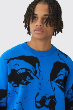 Oversized Boxy Line Face Knitted Jumper | BoohooMAN UK