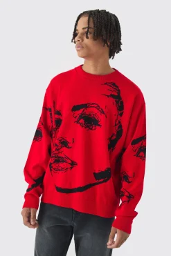 Oversized Boxy Line Face Knitted Jumper | BoohooMAN UK
