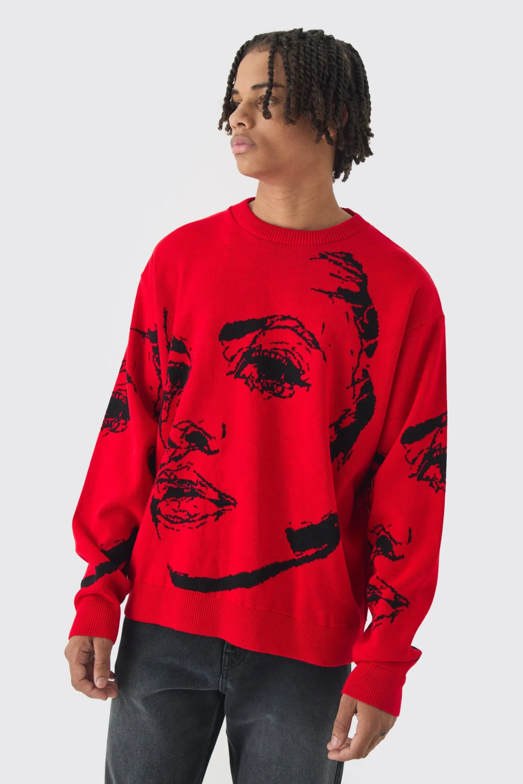 Oversized Boxy Line Face Knitted Jumper | BoohooMAN UK