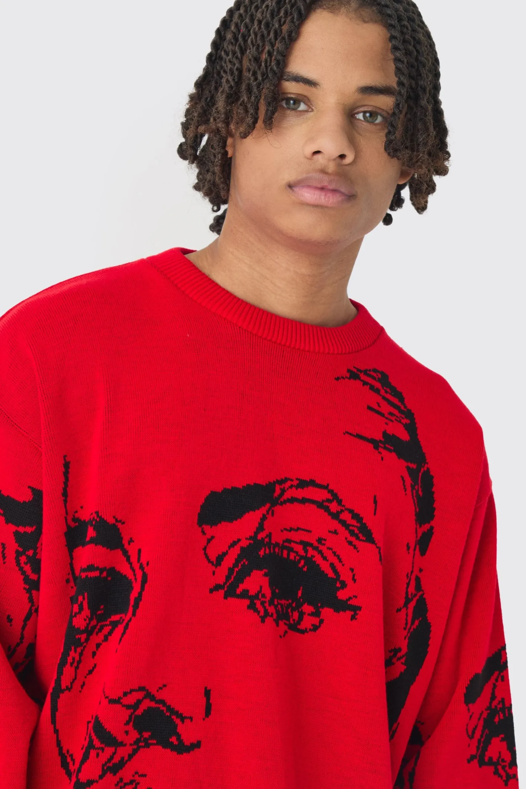 Oversized Boxy Line Face Knitted Jumper | BoohooMAN UK