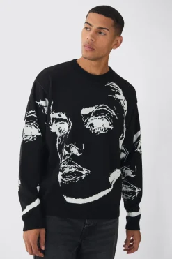 Oversized Boxy Line Face Knitted Jumper | BoohooMAN UK