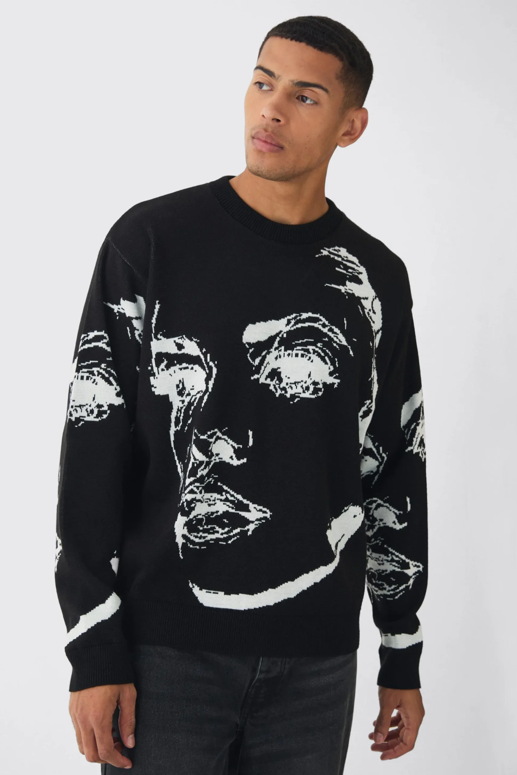 Oversized Boxy Line Face Knitted Jumper | BoohooMAN UK