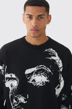 Oversized Boxy Line Face Knitted Jumper | BoohooMAN UK