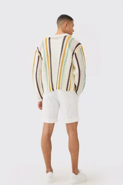 Oversized Boxy Long Sleeve Open Stitch Stripe Shirt | BoohooMAN UK