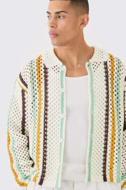 Oversized Boxy Long Sleeve Open Stitch Stripe Shirt | BoohooMAN UK