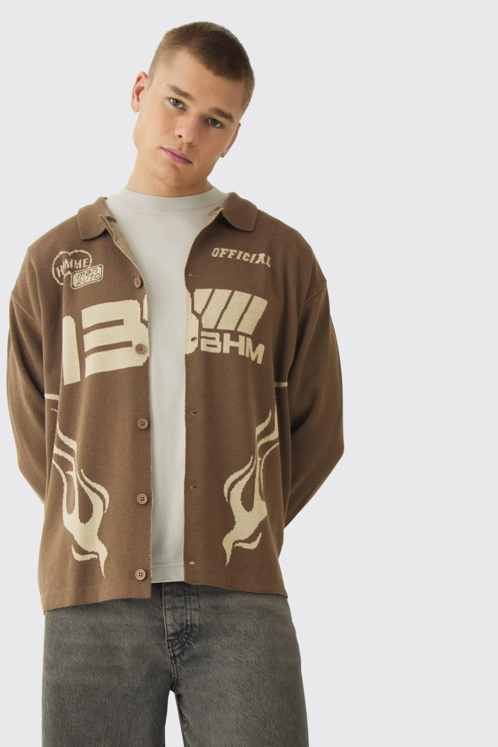 Oversized Boxy Long Sleeve Moto Knitted Overshirt | BoohooMAN UK