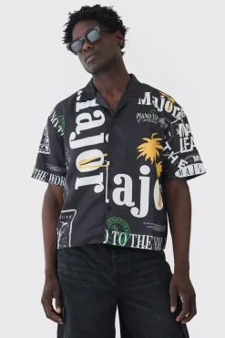 Oversized Boxy Major Print Satin Shirt | BoohooMAN UK