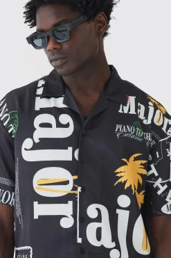 Oversized Boxy Major Print Satin Shirt | BoohooMAN UK