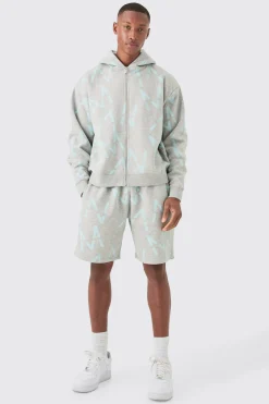 Oversized Boxy Man All Over Print Zip Hoodie Short Tracksuit | BoohooMAN UK