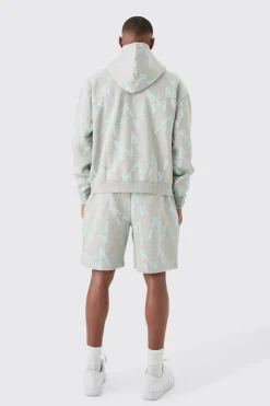 Oversized Boxy Man All Over Print Zip Hoodie Short Tracksuit | BoohooMAN UK