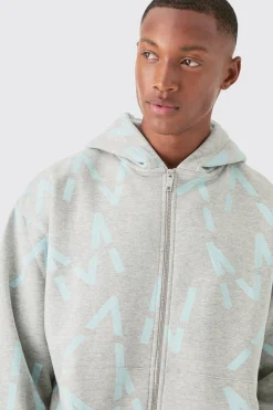 Oversized Boxy Man All Over Print Zip Hoodie Short Tracksuit | BoohooMAN UK