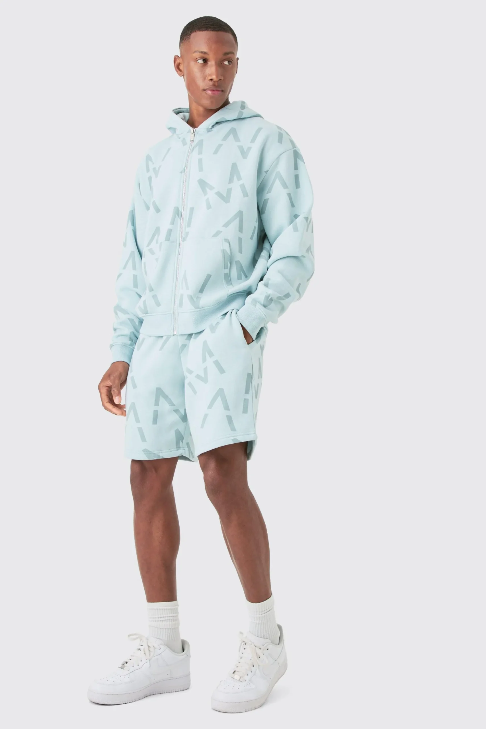 Oversized Boxy Man All Over Print Zip Hoodie Short Tracksuit | BoohooMAN UK