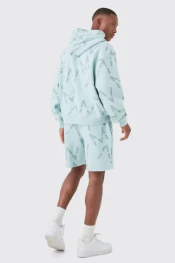 Oversized Boxy Man All Over Print Zip Hoodie Short Tracksuit | BoohooMAN UK