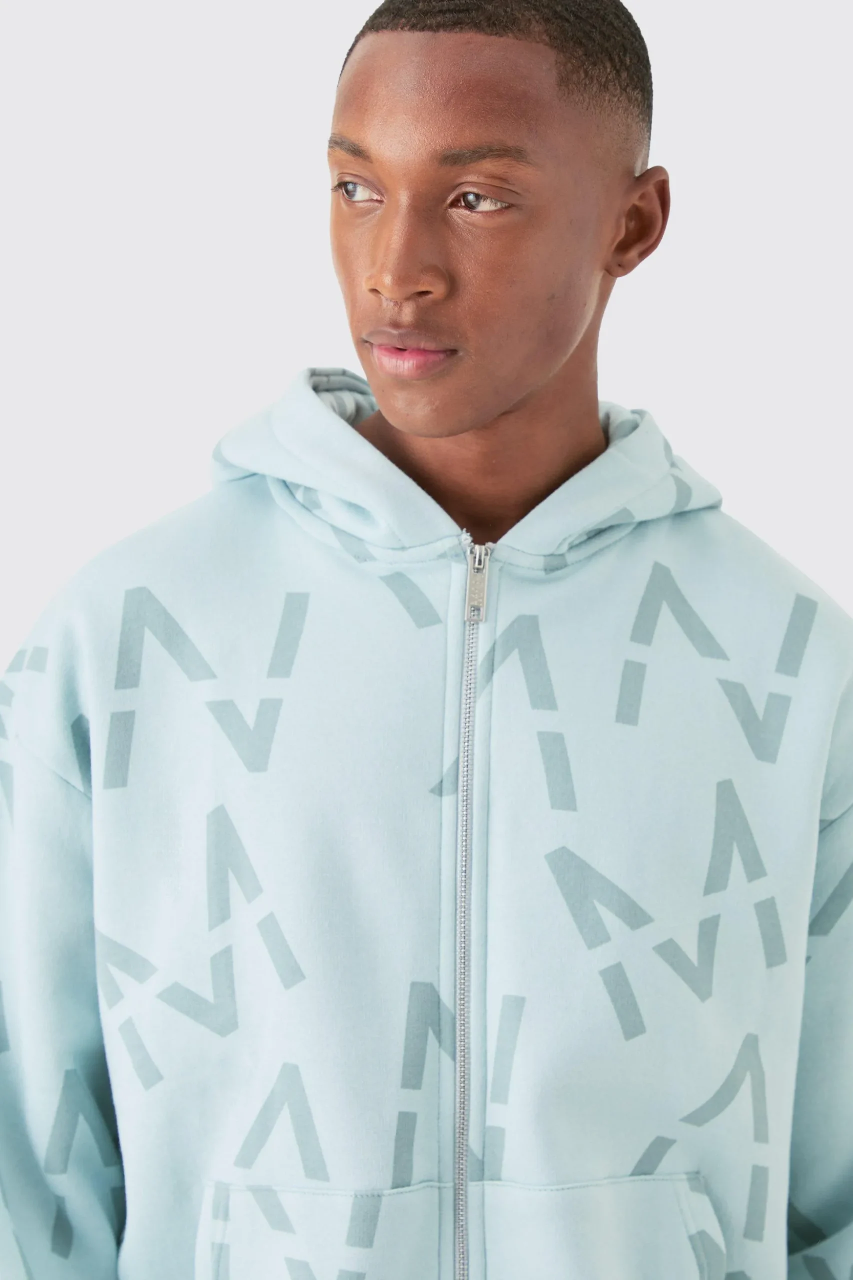 Oversized Boxy Man All Over Print Zip Hoodie Short Tracksuit | BoohooMAN UK