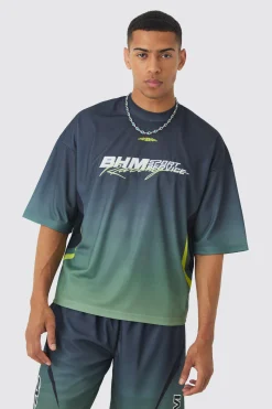 Oversized Boxy Mesh Applique Ombre Moto Printed T-shirt | BoohooMAN UK