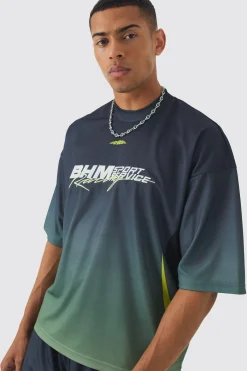 Oversized Boxy Mesh Applique Ombre Moto Printed T-shirt | BoohooMAN UK