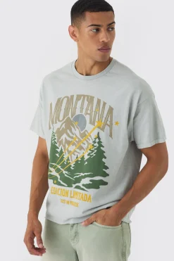 Oversized Boxy Montana Landscape Print Wash T-shirt | BoohooMAN UK
