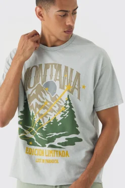 Oversized Boxy Montana Landscape Print Wash T-shirt | BoohooMAN UK