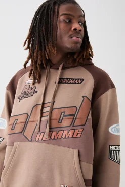 Oversized Boxy Moto Applique Hoodie | BoohooMAN UK