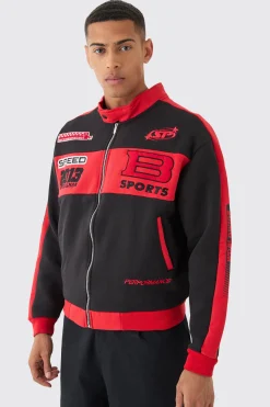 Oversized Boxy Moto Embroidered Jersey Jacket | BoohooMAN UK