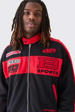 Oversized Boxy Moto Embroidered Jersey Jacket | BoohooMAN UK