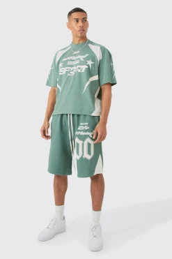 Oversized Boxy Moto Puff Print T-shirt & Short Set | BoohooMAN UK