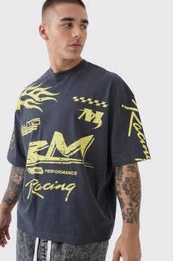 Oversized Boxy Moto Racing Flame T-Shirt | BoohooMAN UK